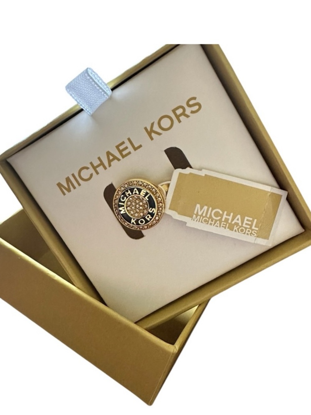 Michael Kors Gold Logo Pin with Crystal Center